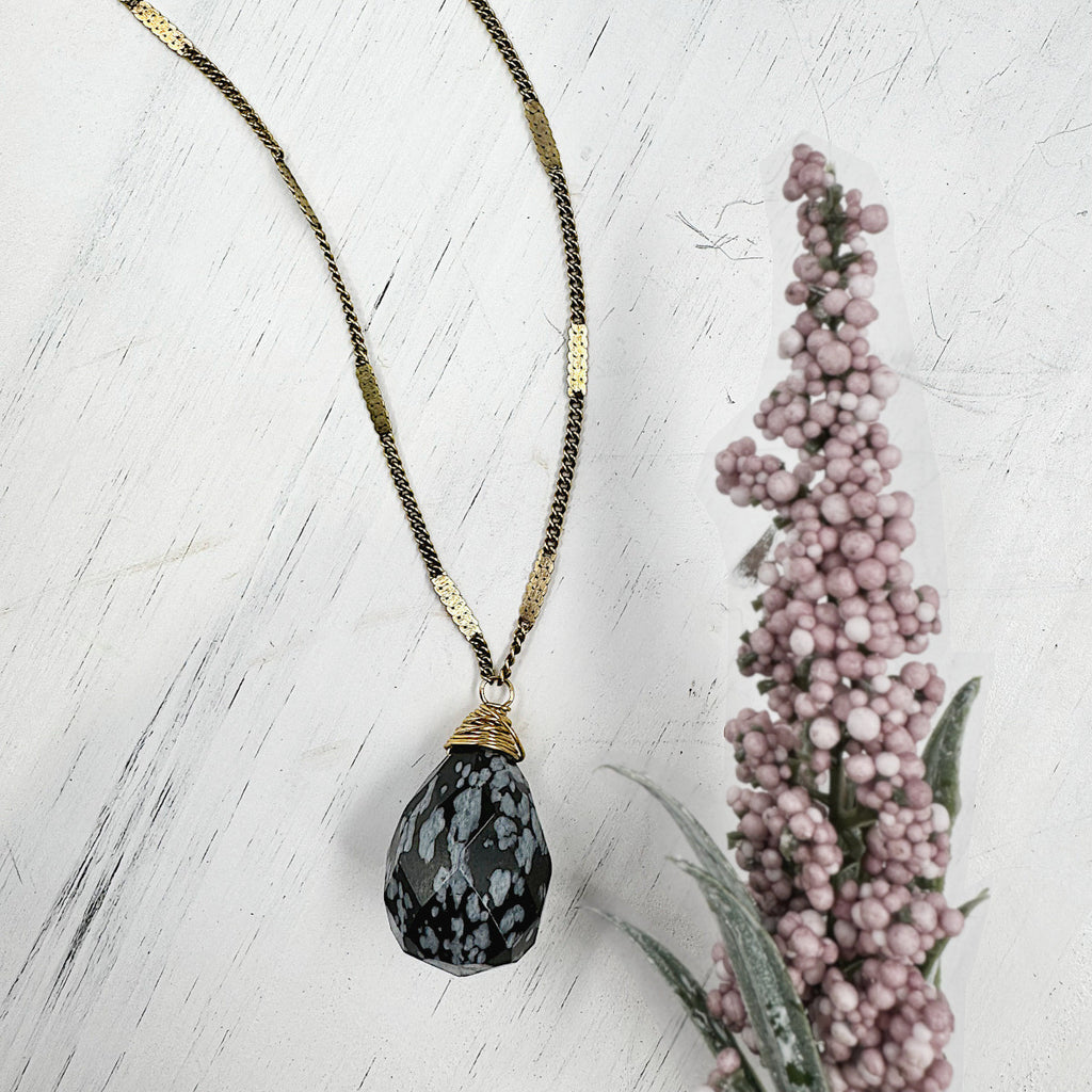 Zara Drop Necklace - Snowflake Obisidian Gemstone