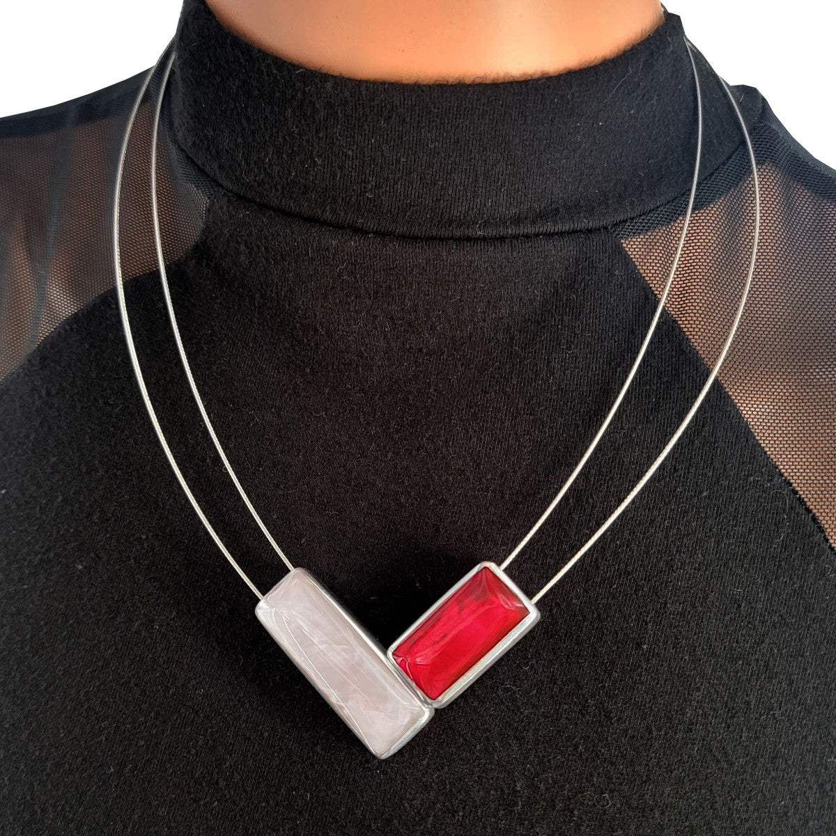 V Pendant Necklace - Magenta and White