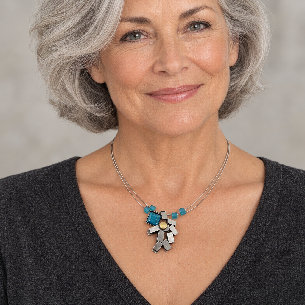 Aqua Square Necklace worn by an older model
