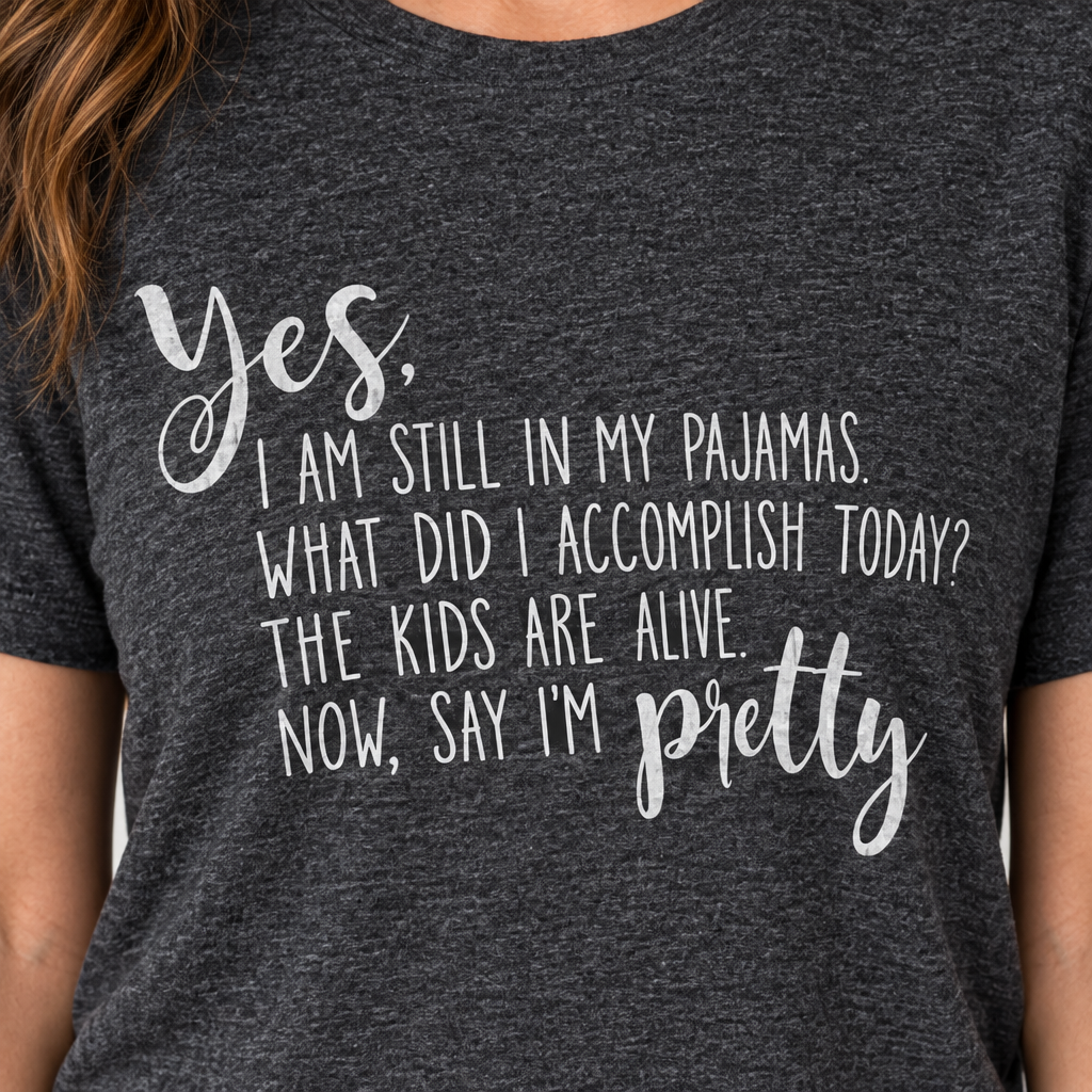 Close-up of the saying on the charcoal T-shirt