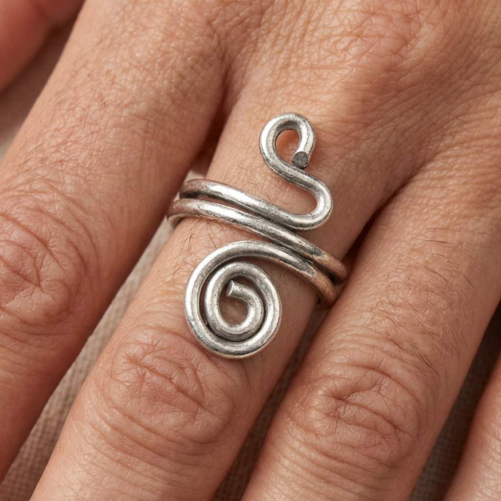 Close-up of the silver spiral ring on a finger