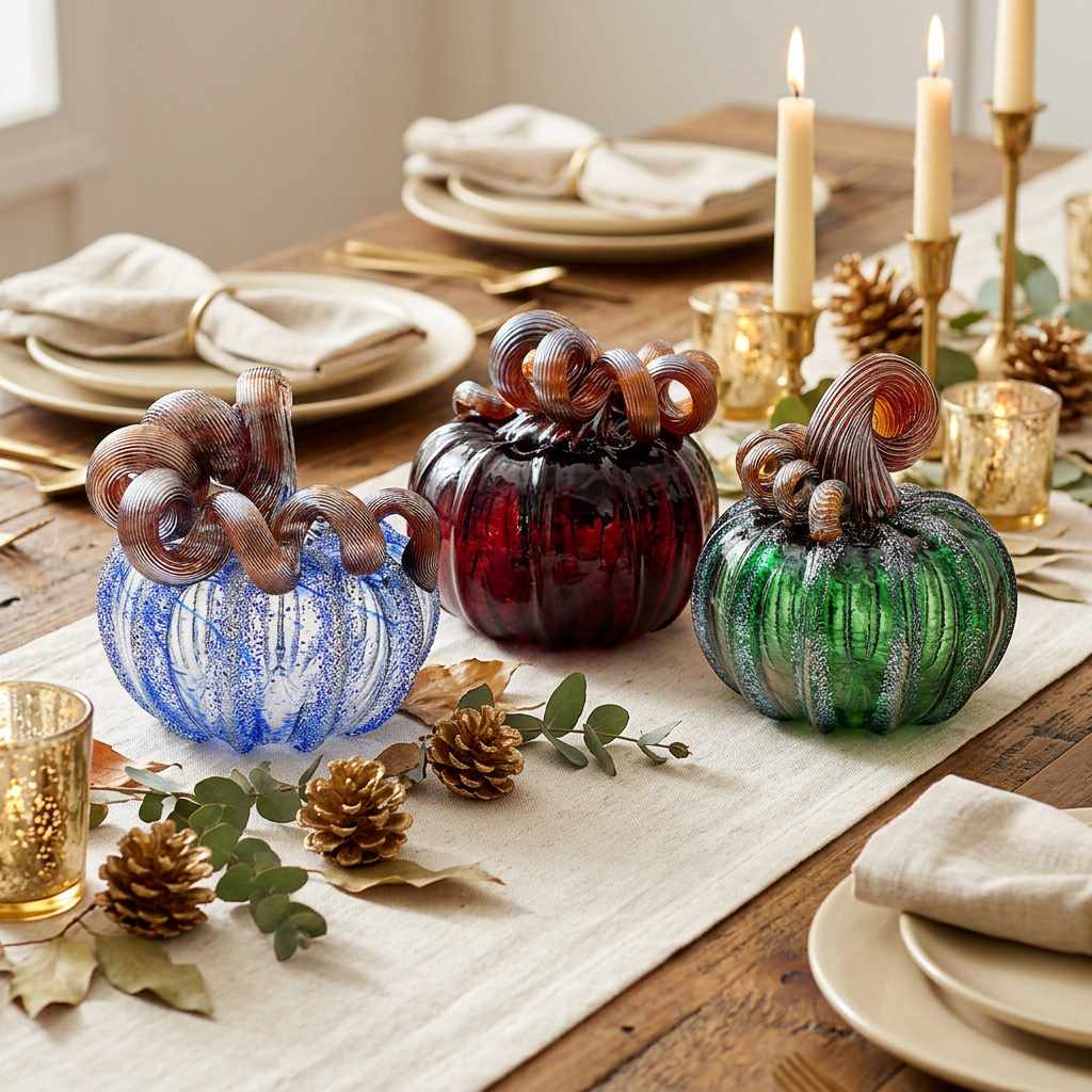 Glass pumpkins on a festive holiday table