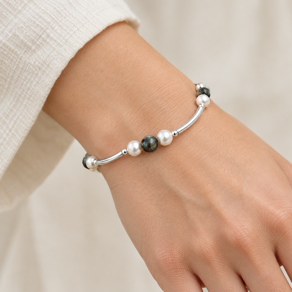 Labradorite bracelet on a young adult woman’s wrist