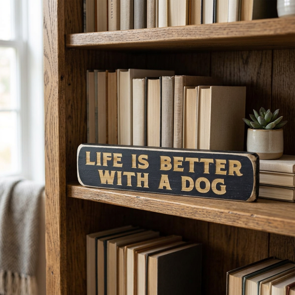 Life is Better With a Dog shelf sitter on a bookshelf