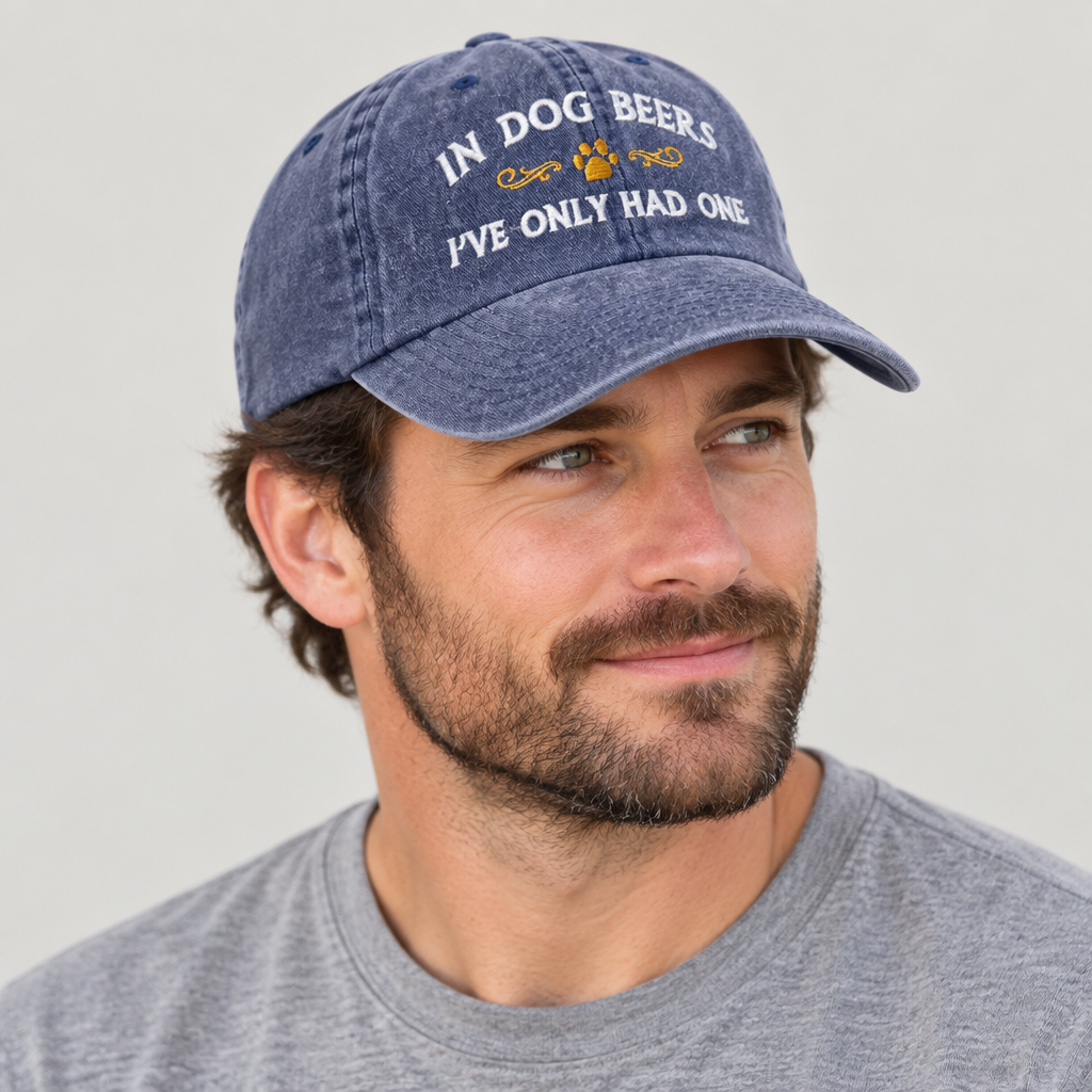 Man wearing the blue Dog Beers hat and looking to his left