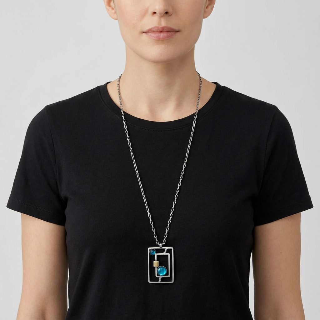 Model wearing the Aqua Circles necklace