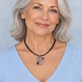 Older model wearing the Blue Wave necklace
