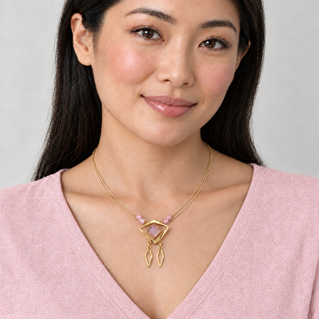 Pink Square Necklace portrait with sharper pendant detail