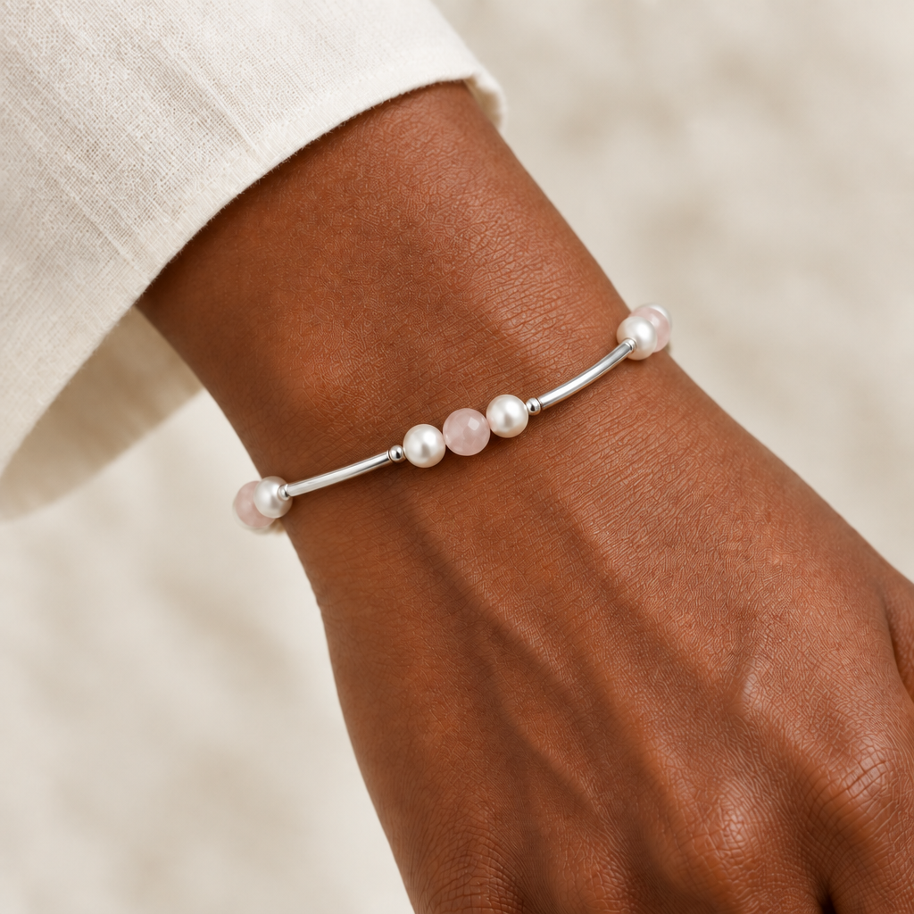 Rose quartz bracelet with a slightly looser wrist fit