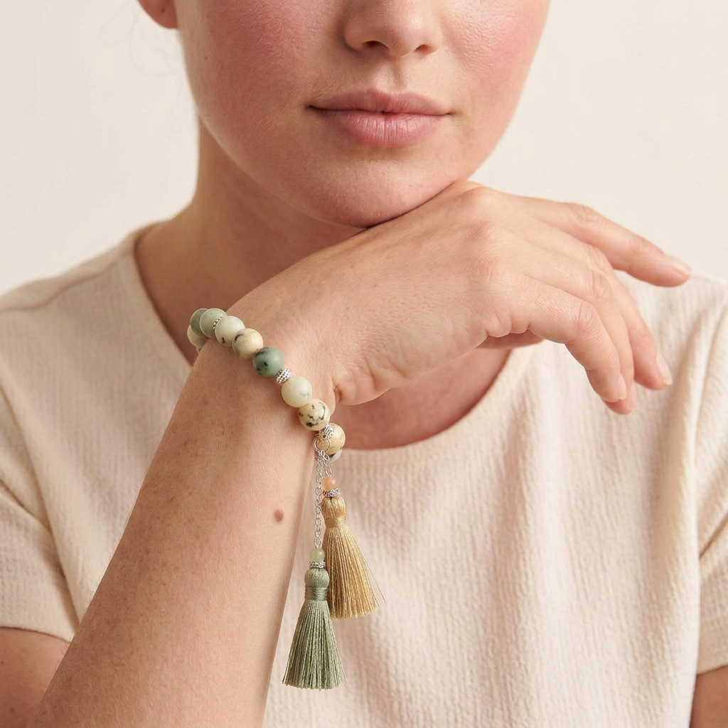 Same pose with the lighter tassel hanging higher than the greenish tassel