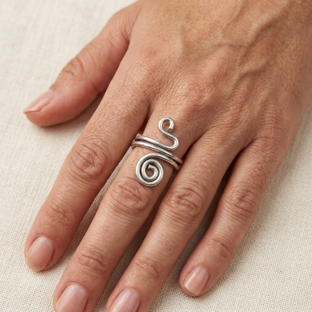 Silver spiral ring worn on a model’s finger