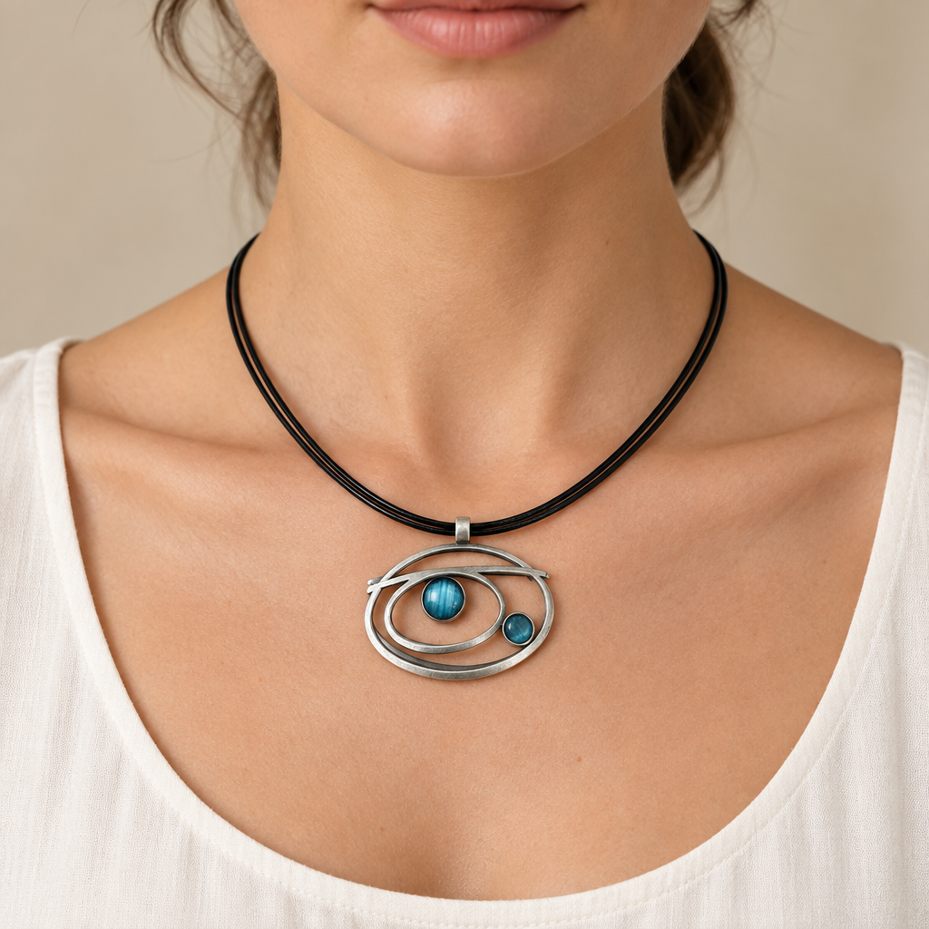 Solar System necklace worn by a woman
