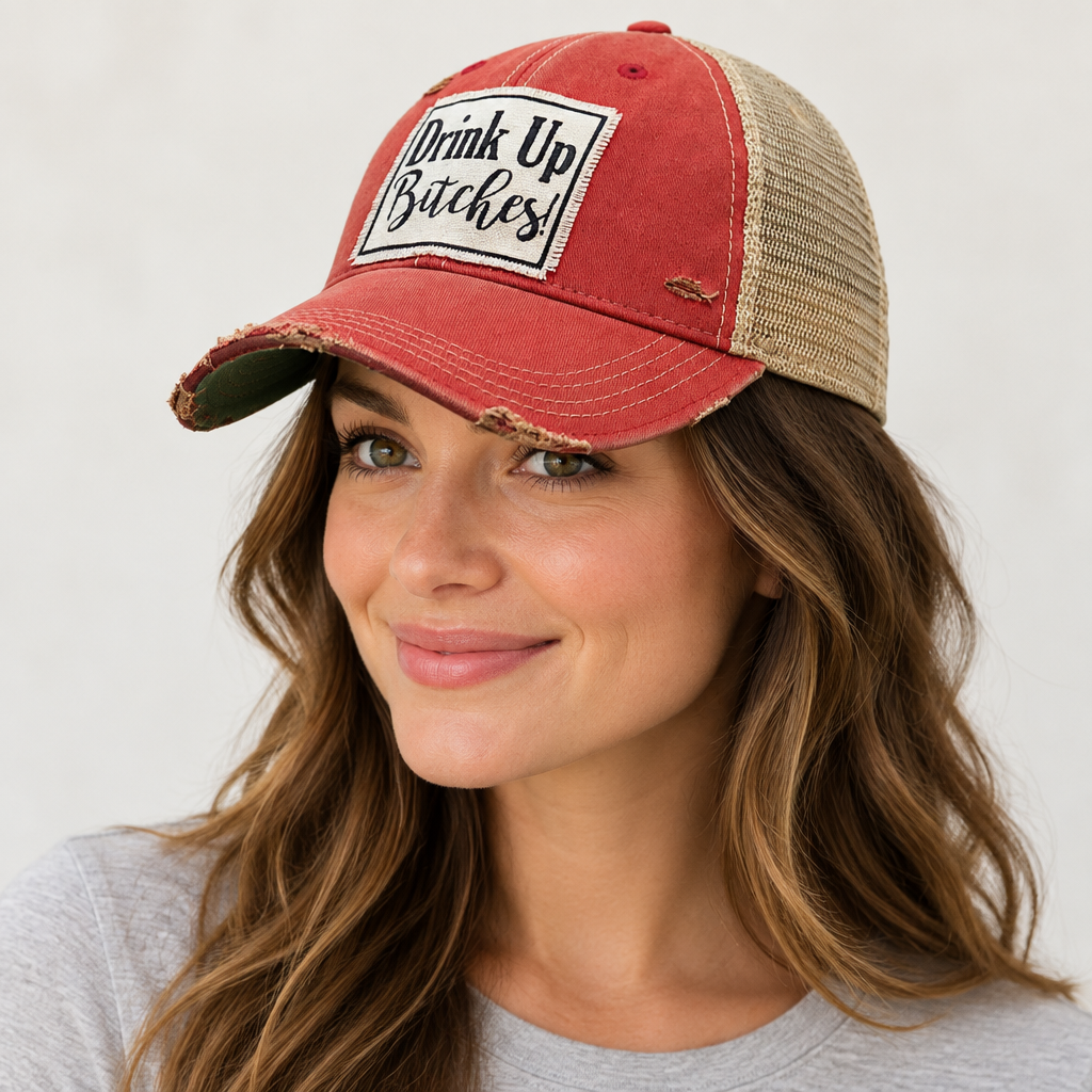 Woman wearing Drink Up Bitches cap