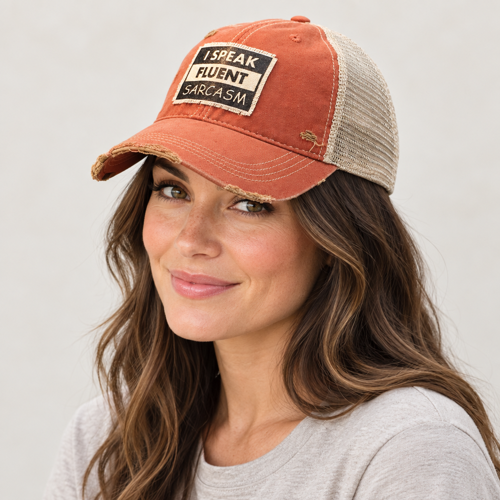 Woman wearing I Speak Fluent Sarcasm cap