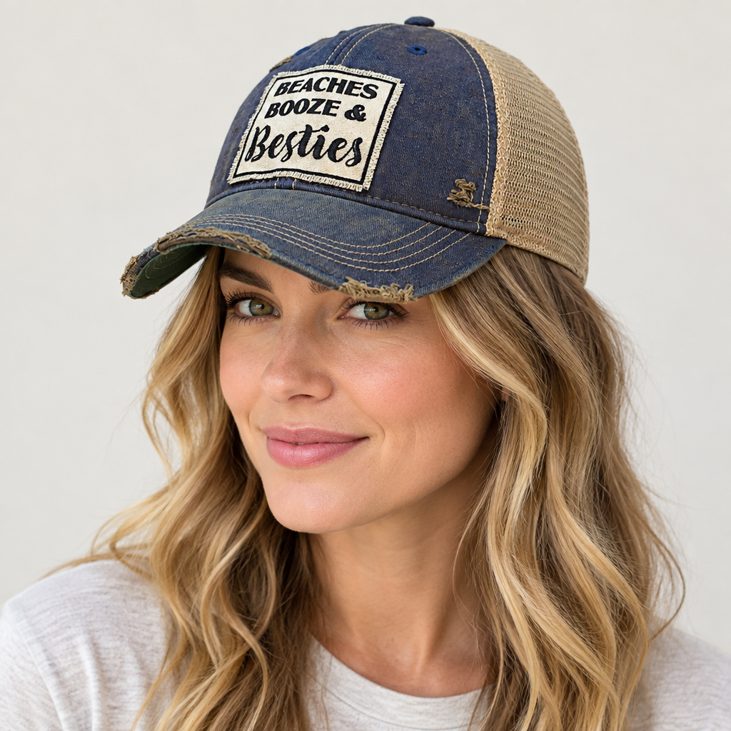 Woman wearing the Beaches Booze and Besties cap