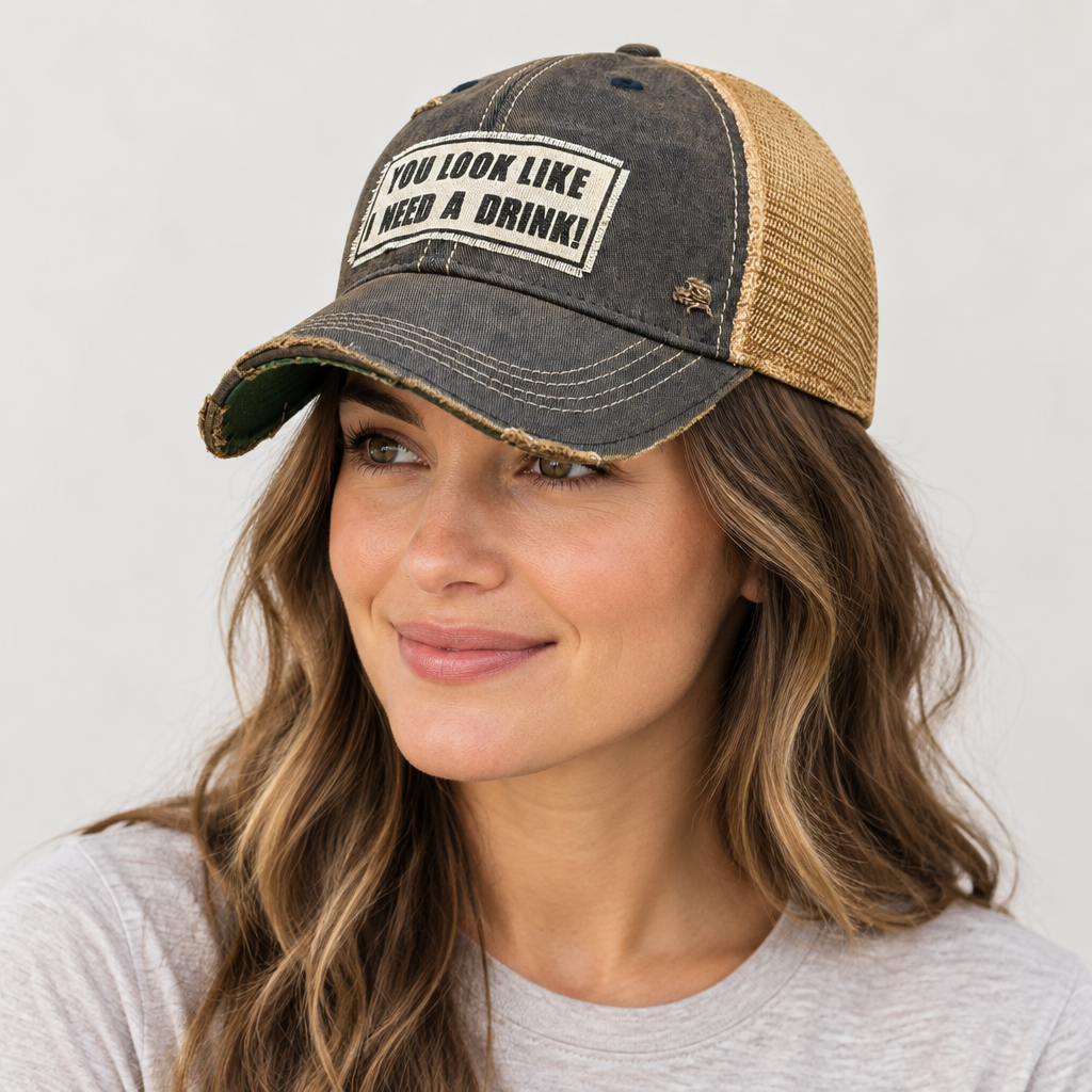 Woman wearing You Look Like I Need a Drink cap